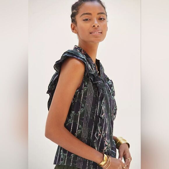 Pilcro Anthropologie Ruffled Buttondown Sleevless Top, sz SM EUC - Picture 6 of 15